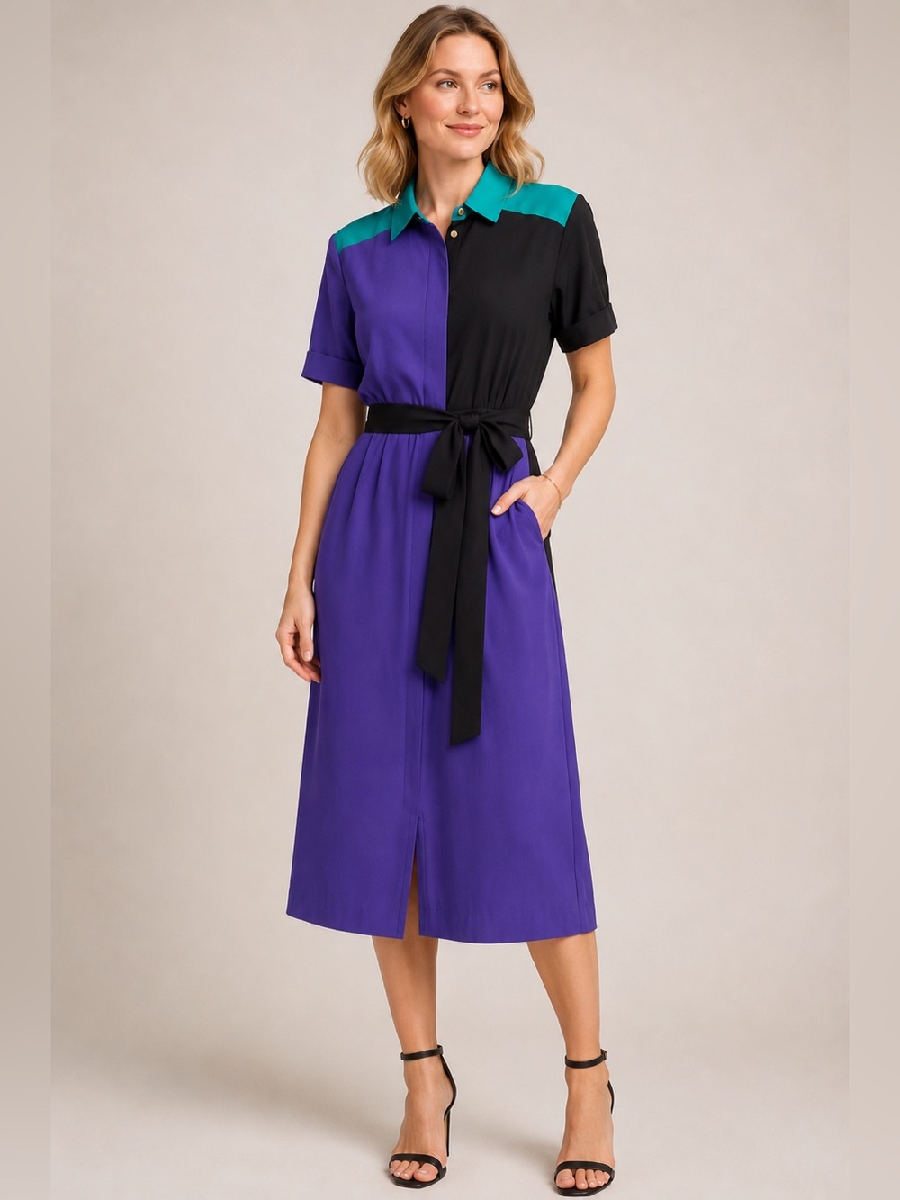 🇨🇦 Vintage 80s Colorblock Dress Purple Black Teal Made in Canada Size 6